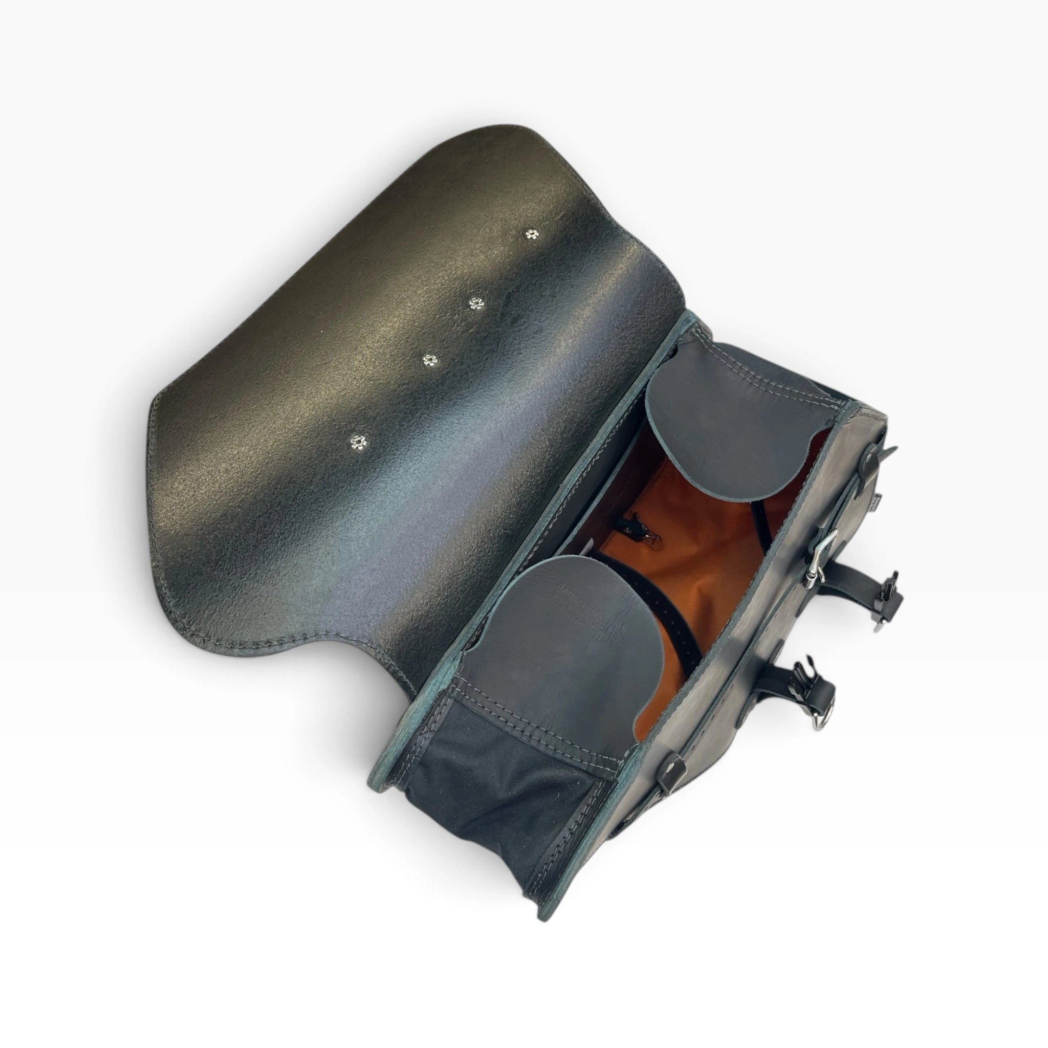 Black leather saddle bag with adjustable buckle straps and silver metal hardware, shown on a clean white background.